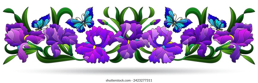 A set of illustrations of stained glass windows with compositions of irises, flowers isolated on a white background