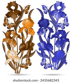 A set of illustrations of stained glass windows with compositions of irises, flowers isolated on a white background, tone blue and brown