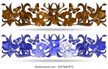 A set of illustrations of stained glass windows with compositions of irises, flowers isolated on a white background, tone blue and brown