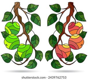 Set of illustrations of stained glass Windows with tree branches, Apple tree branch with ripe fruit and leaves, dark contours on white background