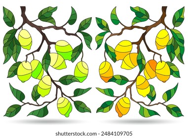 Set of illustrations of stained glass Windows with lemon leaves and fruit branches, isolated on a white background