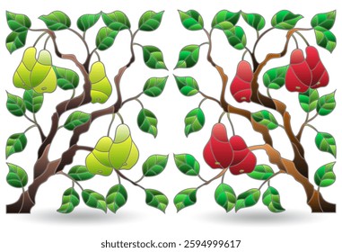 Set of illustrations of stained glass Windows with pear leaves and fruit branches, isolated on a white background