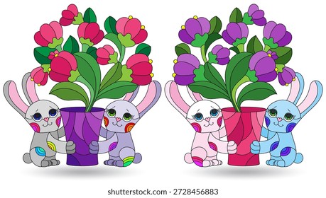 A set of illustrations of stained glass windows with cute rabbits, dark outlines on a white background