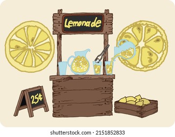 Eine Reihe von Illustrationen eines Standes mit Limonade. Zitronenständer, Zitronenkiste, Eis, Zitrone, Sommerzeit, einsatzbereit, Pfosten. Für Ihr Design
