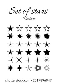 Set of illustrations of stars in different shapes in black.
