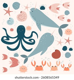 A set of illustrations of stickers on a marine theme.