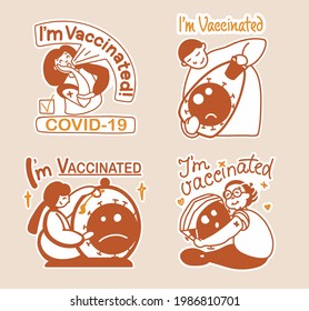 A set of illustrations of stickers, with text on the topic of vaccination from covid 19. I'm vaccinated.