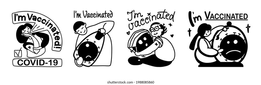 A set of illustrations of stickers, with text on the topic of vaccination from covid 19. I'm vaccinated.