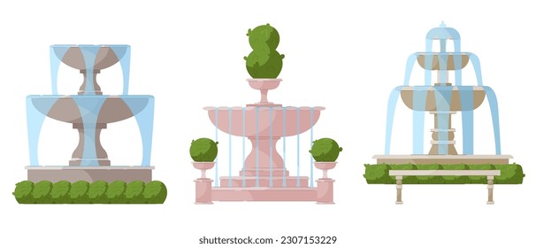 Set of illustrations of stone fountains with elements of greenery. Street decoration, architecture vector illustration isolated on white background.