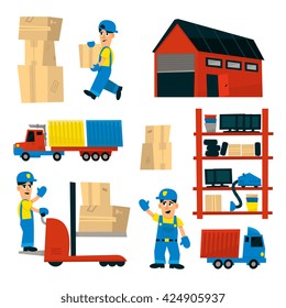 Set Of Illustrations With Storehouse Workers In Simplified Flat Vector Design On White Background
