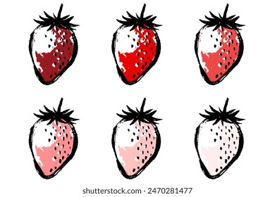 set of illustrations of strawberries in various colors with a touch of brush