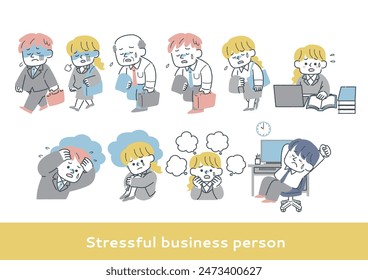 Set of illustrations of stressed businessmen