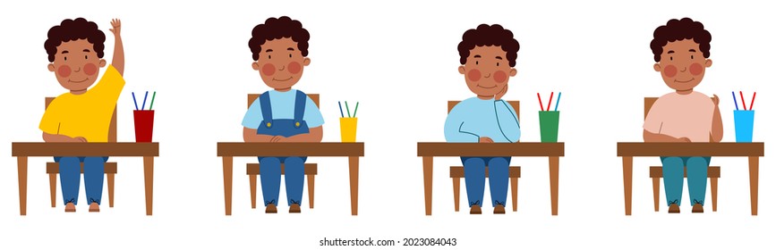 A Set Of Illustrations With A Student Sitting At A Classroom Desk. A Dark-skinned, Curly-haired Boy At The Table Raised Her Hand.