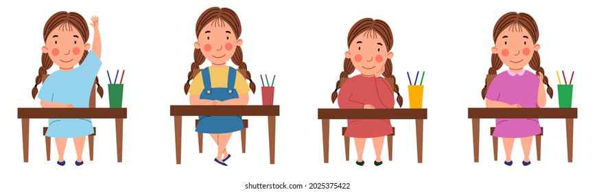 Un conjunto de ilustraciones con un estudiante sentado en un escritorio de un aula. La muchacha con chicles en la mesa levantó la mano.