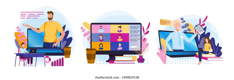 Set illustrations study online, the teacher gives a lecture over the Internet.