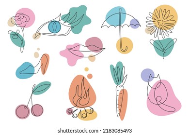 A set of illustrations in the style of line art with color spots. vector illustration