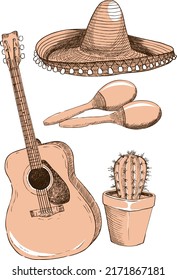 A set of illustrations in the style of a sketch on the theme of Mexico. Vector illustration