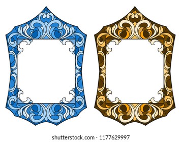 Set of illustrations in the style of stained glass with frames, blue and brown frame with floral ornaments