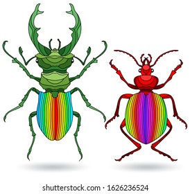 A set of illustrations in the style of stained glass with a bright beetles, isolated on a white background