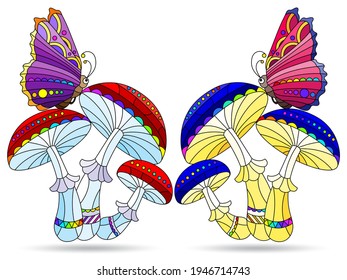 Set of illustrations in the style of stained glass with mushroom compositions and butterflies, mushrooms isolated on a white background