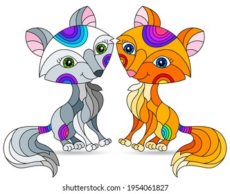 Set of illustrations in the style of stained glass with cartoon cute foxes, animals isolated on a white background