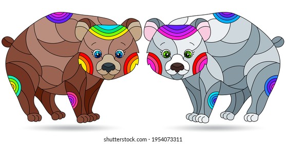 Set of illustrations in the style of stained glass with cartoon cute bears, animals isolated on a white background