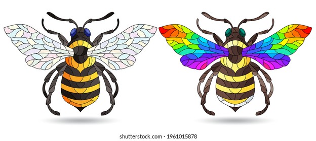 Set of illustrations in the style of stained glass with bright bees, animals isolated on a white background