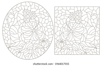 Set of illustrations in the style of stained glass, with vegetable still lifes, dark outlines on a white background