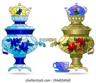 Set of illustrations in the style of stained glass with bright Russian samovars and teapots, dishes isolated on a white background