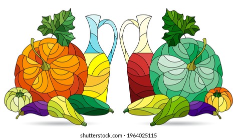 Set of illustrations in the style of stained glass with vegetable still lifes isolated on a white background