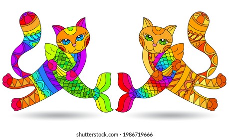 A set of illustrations in the style of stained glass with cute cartoon cats and fish, animals isolated on a white background