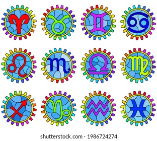 A set of illustrations in the style of stained glass with zodiac signs in gears, icons isolated on a white background