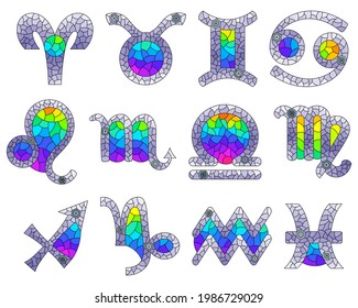 A set of illustrations in the style of stained glass with zodiac signs, icons isolated on a white background