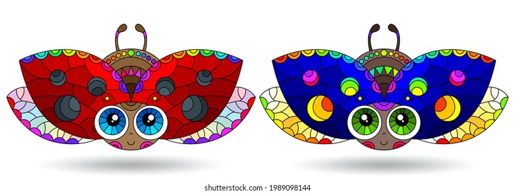 A set of illustrations in the style of a stained glass window with ladybirds, insects isolated on a white background