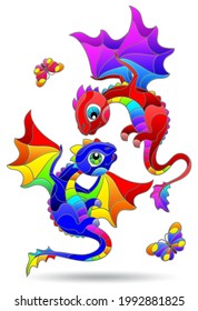 Set of illustrations in the style of stained glass with cartoon dragons, animals isolated on a white background