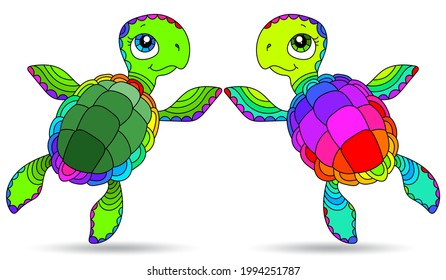 A set of illustrations in the style of stained glass with cute cartoon turtles, animals isolated on a white background