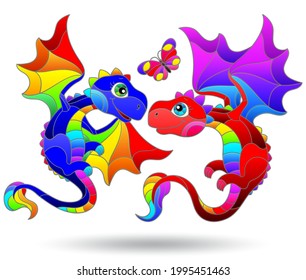 Set of illustrations in the style of stained glass with cartoon dragons, animals isolated on a white background