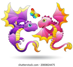 Set of illustrations in the style of stained glass with cartoon dragons, animals isolated on a white background