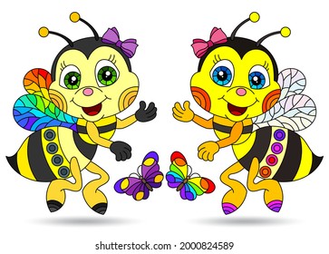 A set of illustrations in the style of stained glass with cartoon bees, bright animals isolated on a white background