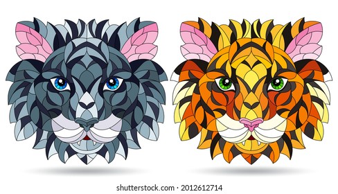 A set of illustrations in the style of stained glass with abstract tigers, portraits of animals isolated on a white background on a white background