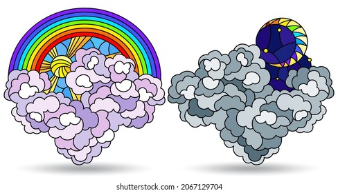 A set of illustrations in the style of stained glass with elements of celestial landscapes, clouds, sky and sun, isolated on a white background