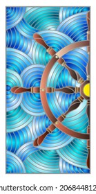 A set of illustrations in the style of a stained glass window on a marine theme, an steering wheel on a blue background