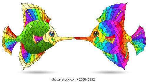 A set of illustrations in the style of a stained glass window with bright rainbow fish, animals isolated on a white background