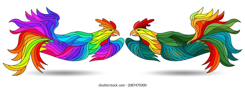 A set of illustrations in the style of stained glass with abstract roosters, animals isolated on a white background