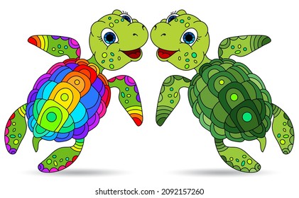 A set of illustrations in the style of stained glass with cute cartoon turtles, animals isolated on a white background