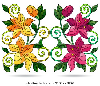 A set of illustrations in the style of stained glass with compositions of lilies, flowers isolated on a white background