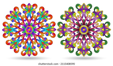 A set of illustrations in the style of stained glass with round floral motifs, compositions isolated on a white background