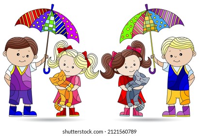 A set of illustrations in the style of stained glass with a boy and a girl under an umbrella, figures isolated on a white background