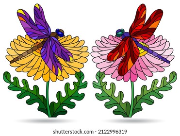A set of illustrations in the style of stained glass with glass on flowers, figures isolated on a white background