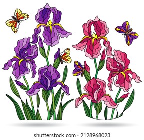 A set of illustrations in the style of stained glass with floral arrangements, bouquets of iris flowers and butterflies isolated on a white background